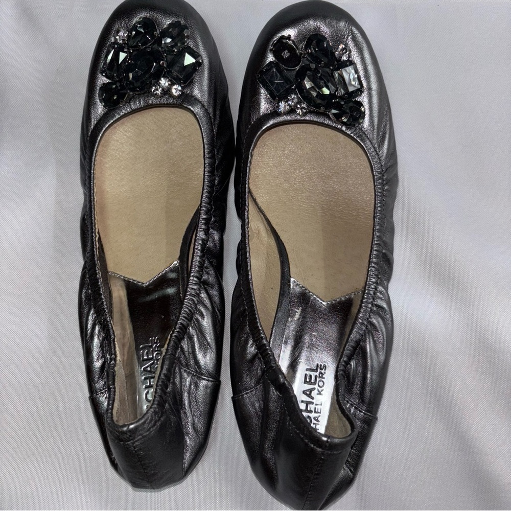 MICHAEL Michael Kors  Silver Jeweled Leather Balletcore Flats Size 8